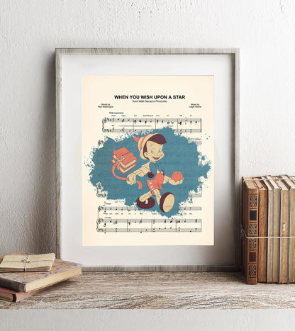 Pinocchio Walking to School Splatter Vintage When You Wish Upon A Star Sheet Music Art Print