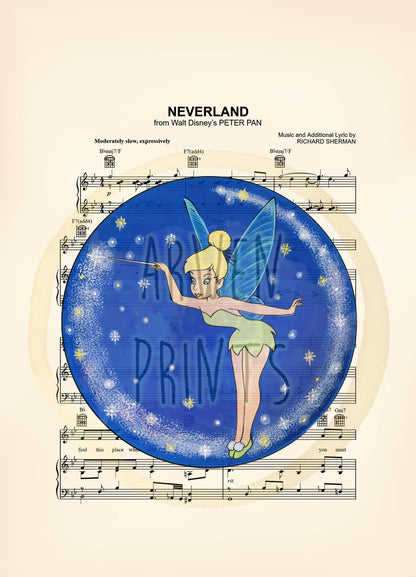 Peter Pan Tinker Bell Neverland Sheet Music Art Print