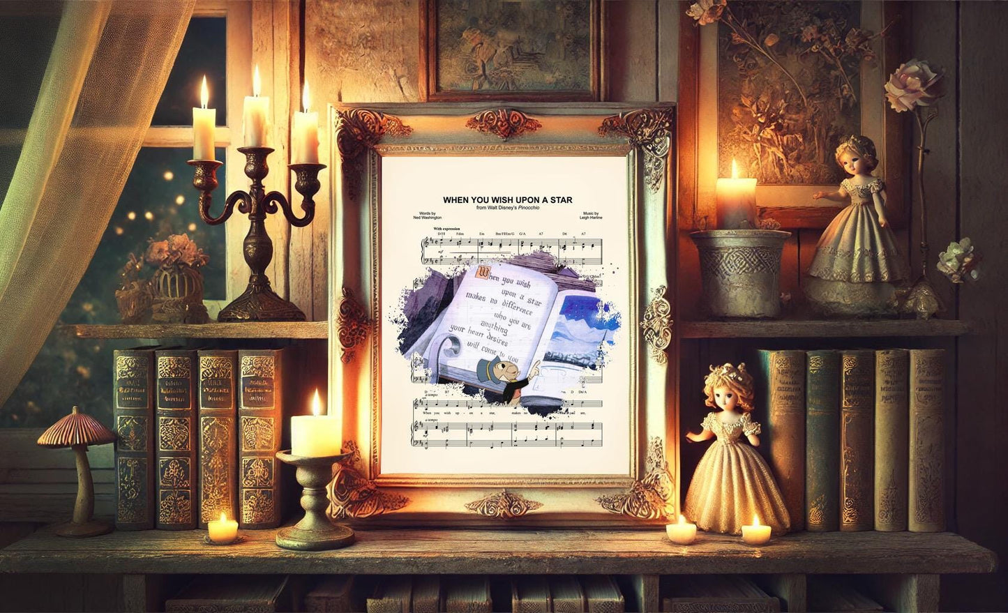 Pinocchio Jiminy Cricket Splatter When You Wish Upon A Star Sheet Music Art Print