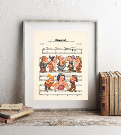 Snow White and the Seven Dwarfs I’m Wishing Vintage Sheet Music Art Print