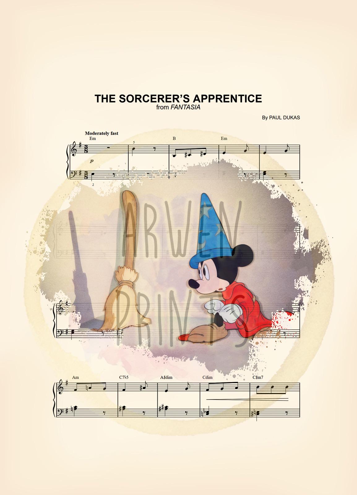 Mickey and Broom Sorcerer’s Apprentice Fantasia Sheet Music Art Print