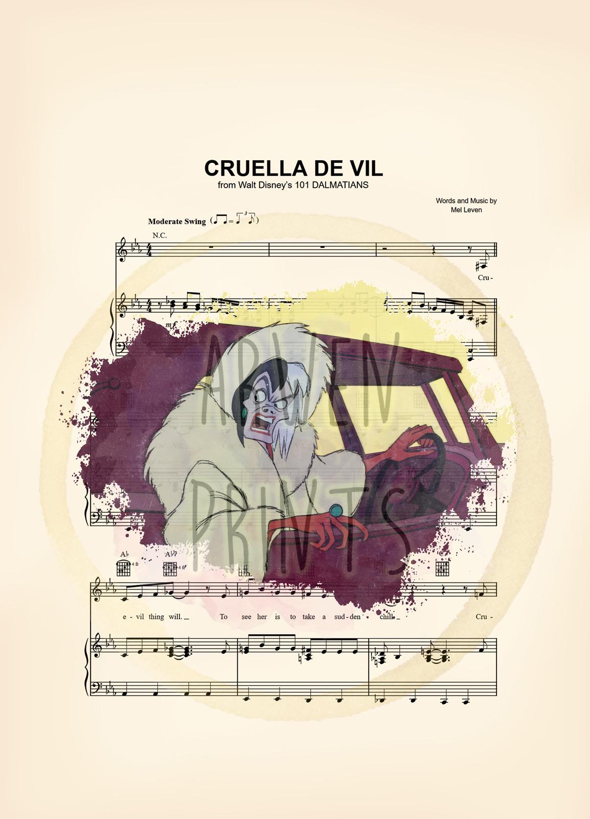 101 Dalmatians Cruella De Vil Driving Sheet Music Wall Art — Disney Gift for Music Lovers