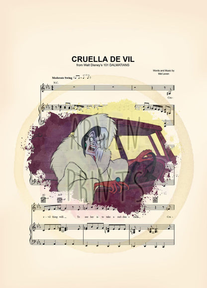 101 Dalmatians Cruella De Vil Driving Sheet Music Wall Art — Disney Gift for Music Lovers