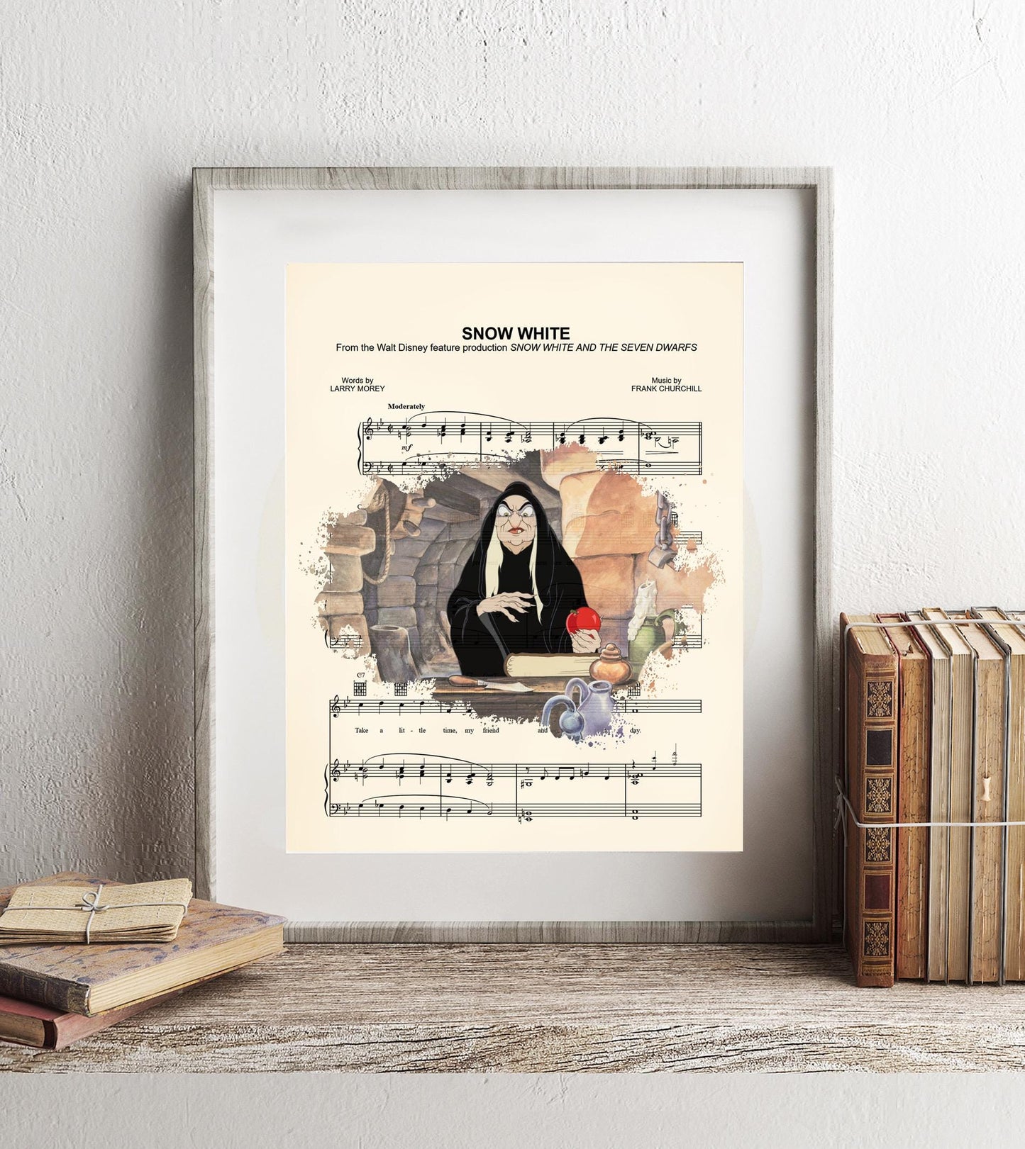 Snow White Evil Queen in Disguise with Red Apple Splatter Sheet Music Art Print