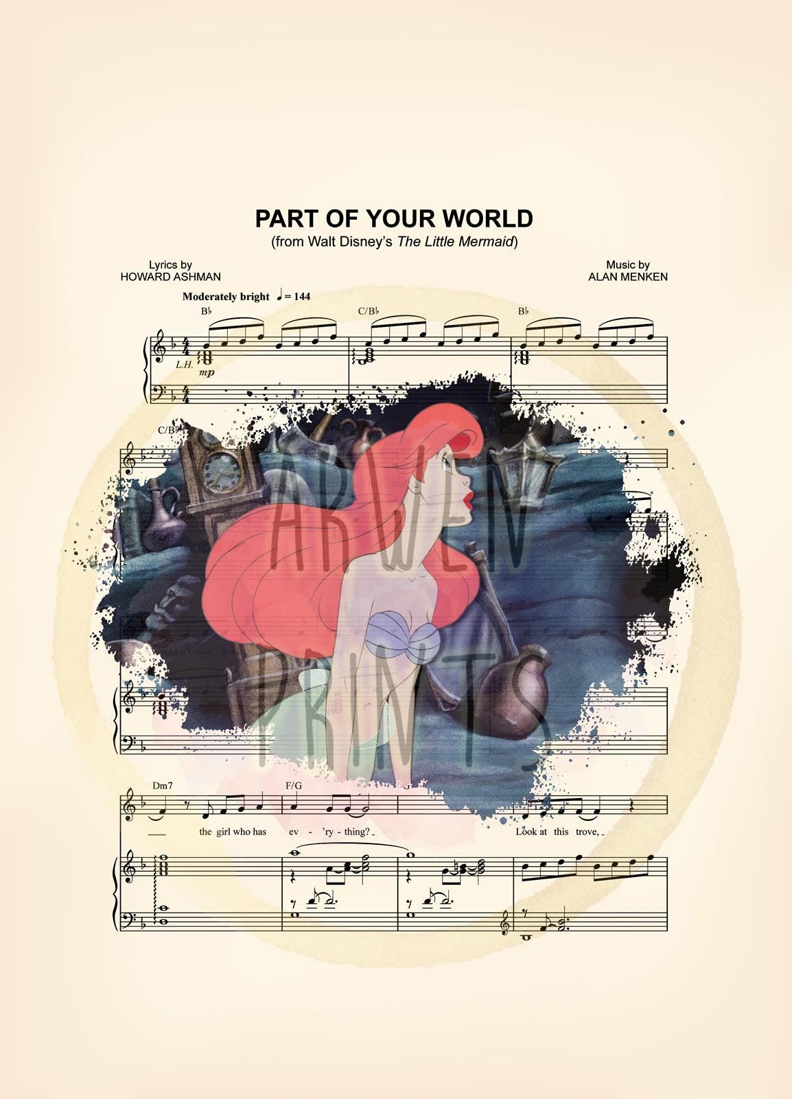 Little Mermaid Ariel Singing Part of Your World Sheet Music Art Print