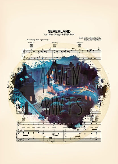 Peter Pan Flight Over City Neverland Sheet Music Art Print
