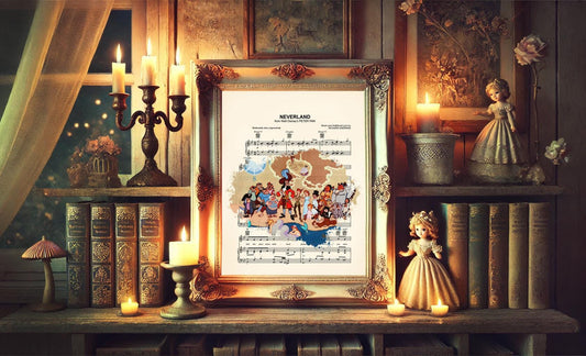 Peter Pan Characters on Map Neverland Sheet Music Art Print