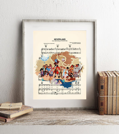 Peter Pan Characters on Map Neverland Sheet Music Wall Art — Disney Gift for Music Lovers
