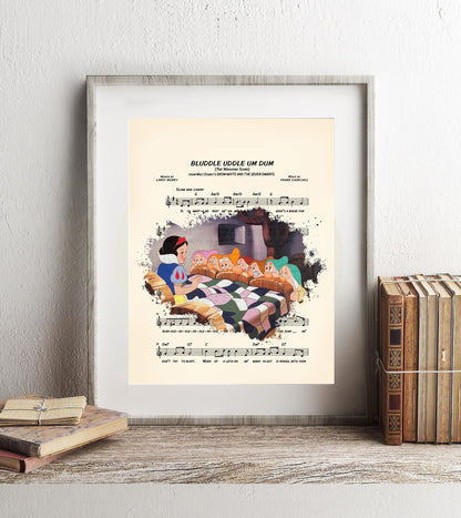 Snow White and the Seven Dwarfs Splatter Vintage Bluddle Uddle Um Dum Sheet Music Art Print