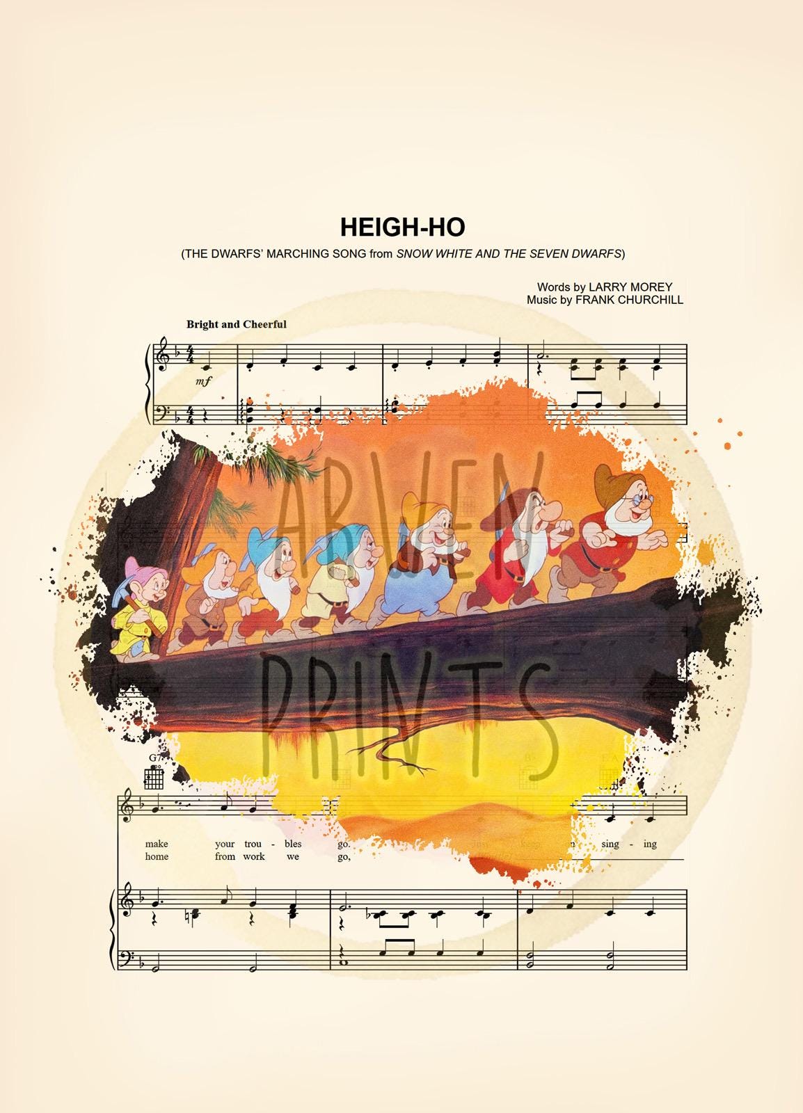Snow White and the Seven Dwarfs Heigh-Ho Sheet Music Art Print