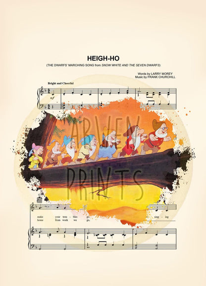 Snow White and the Seven Dwarfs Heigh-Ho Sheet Music Wall Art — Disney Gift for Music Lovers