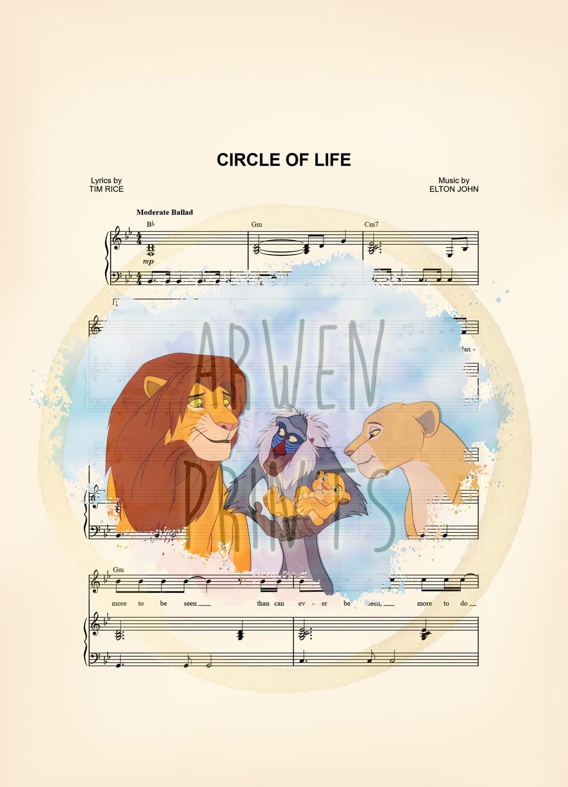Lion King Simba, Nala, Kiara and Rafiki Circle of Life Sheet Music Art Print