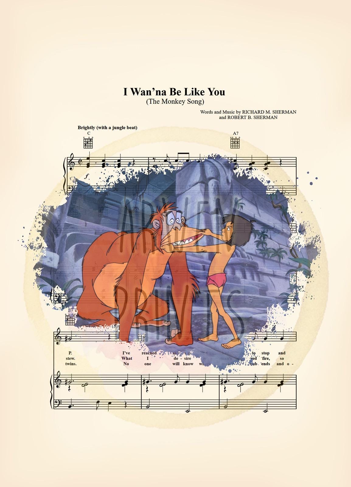 Jungle Book Mowgli and King Louie Splatter I Wan’na Be Like You Sheet Music Art Print