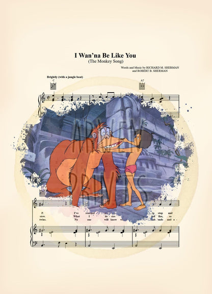 Jungle Book Mowgli and King Louie Splatter I Wan’na Be Like You Sheet Music Art Print
