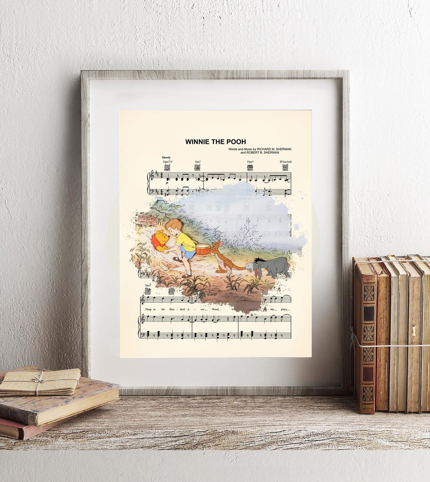 Winnie the Pooh Splatter Pooh, Christopher Robin, Kanga and Eeyore Sheet Music Art Print