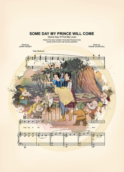 Snow White, the Prince and the Seven Dearfs Some Day My Prince Will Come Sheet Music Wall Art — Disney Gift for Music Lovers