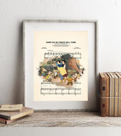 Snow White, the Prince and the Seven Dearfs Some Day My Prince Will Come Sheet Music Art Print
