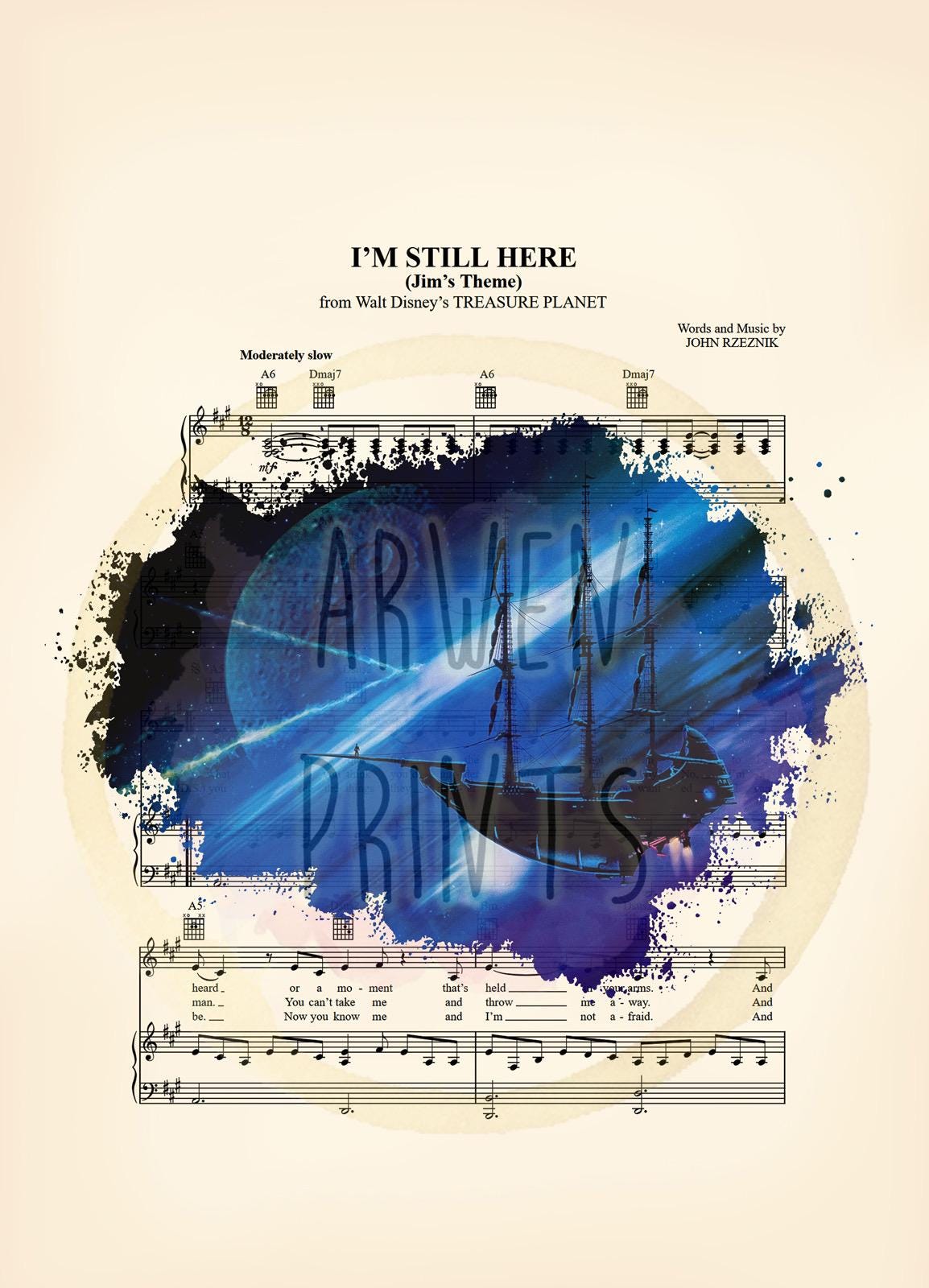 Treasure Planet Jim on Ship I’m Still Here Sheet Music Wall Art — Disney Gift for Music Lovers