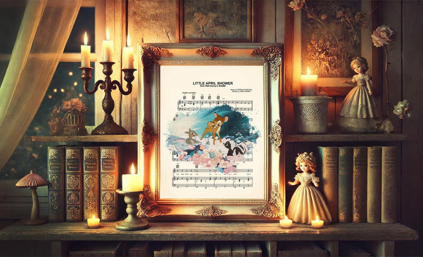 Bambi Thumper & Flower in a Flower Field Little April Shower Sheet Music Art Print