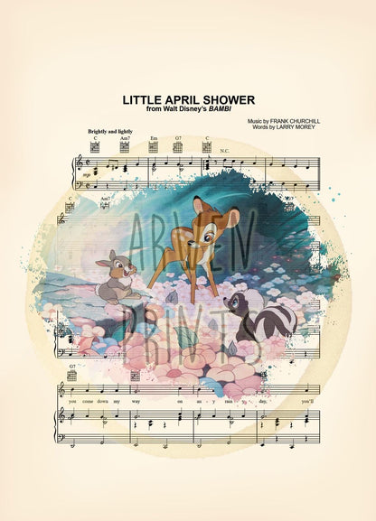 Bambi Thumper & Flower in a Flower Field Little April Shower Sheet Music Art Print