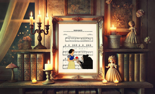 Snow White and the Evil Queen in Disguise with Red Apple Sheet Music Art Print