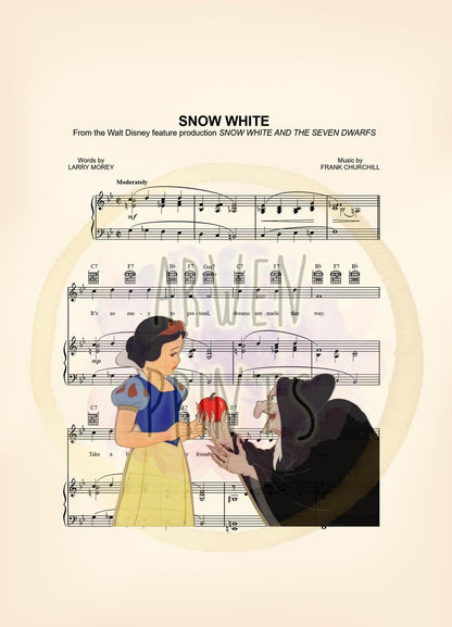 Snow White and the Evil Queen in Disguise with Red Apple Sheet Music Art Print