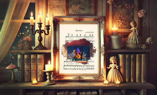 Hunchback Clopin in Booth Topsy Turvy Disney Sheet Music Wall Art — Disney Gift for Music Lovers