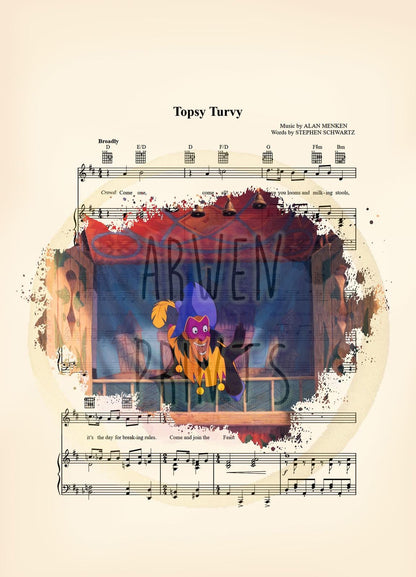 Hunchback Clopin in Booth Topsy Turvy Disney Sheet Music Wall Art — Disney Gift for Music Lovers