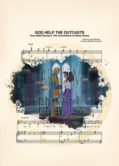 Hunchback of Notre Dame Esmeralda and Phoebus God Help the Outcasts Sheet Music Wall Art — Disney Gift for Music Lovers