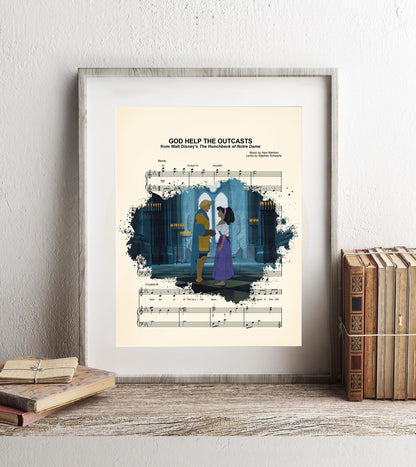 Hunchback of Notre Dame Esmeralda and Phoebus God Help the Outcasts Sheet Music Wall Art — Disney Gift for Music Lovers