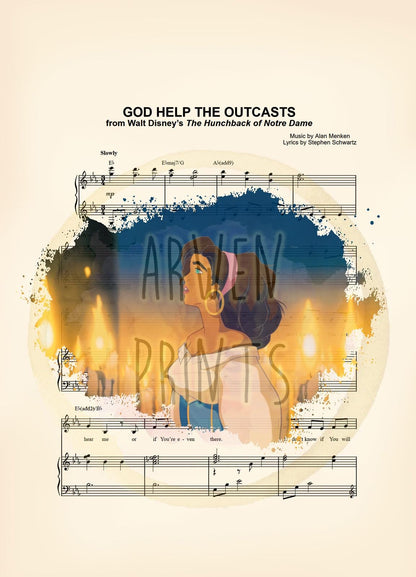 Hunchback of Notre Dame Esmeralda Singing God Help the Outcasts Sheet Music Art Print