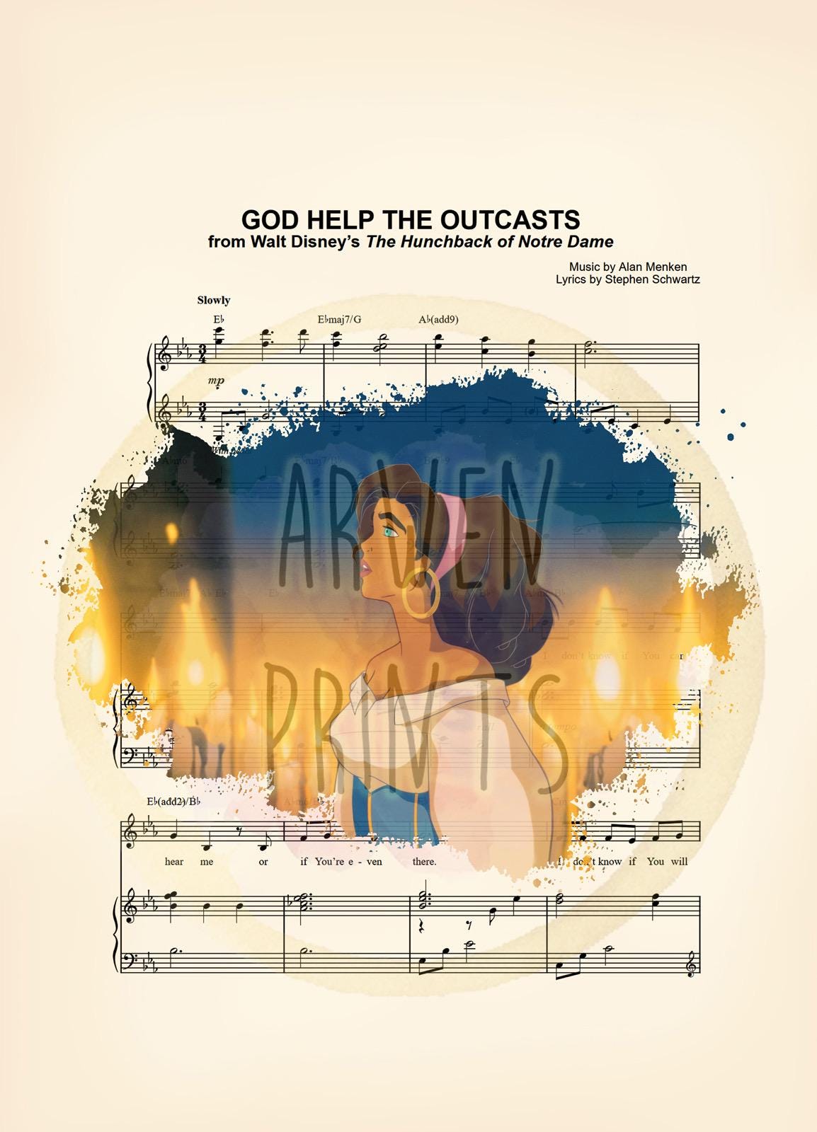 Hunchback of Notre Dame Esmeralda Singing God Help the Outcasts Sheet Music Wall Art — Disney Gift for Music Lovers