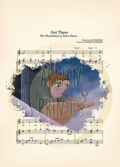 Hunchback of Notre Dame Quasimodo and Bird Out There Sheet Music Art Print