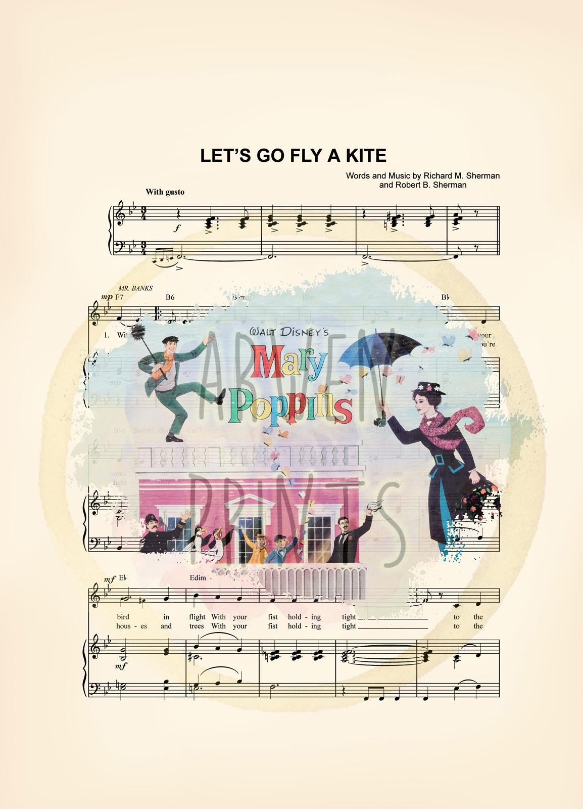 Mary Poppins Vintage Illustration Disney Let’s Go Fly A Kite Sheet Music Art Print