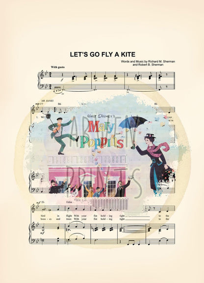 Mary Poppins Vintage Illustration Disney Let’s Go Fly A Kite Sheet Music Art Print