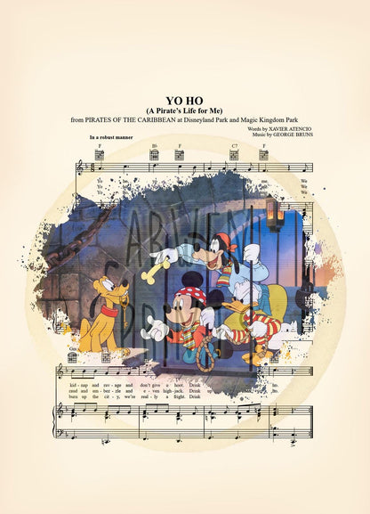 Pirates of the Caribbean Mickey, Goofy, Donald and Pluto Yo Ho Sheet Music Art Print