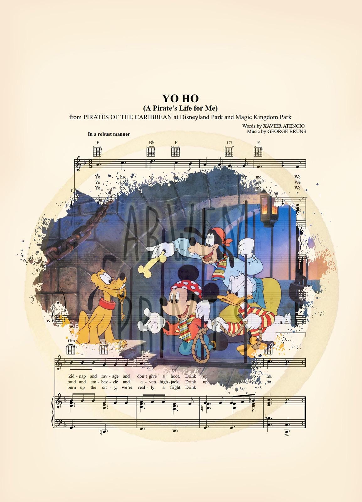 Pirates of the Caribbean Mickey, Goofy, Donald and Pluto Yo Ho Sheet Music Wall Art — Disney Gift for Music Lovers