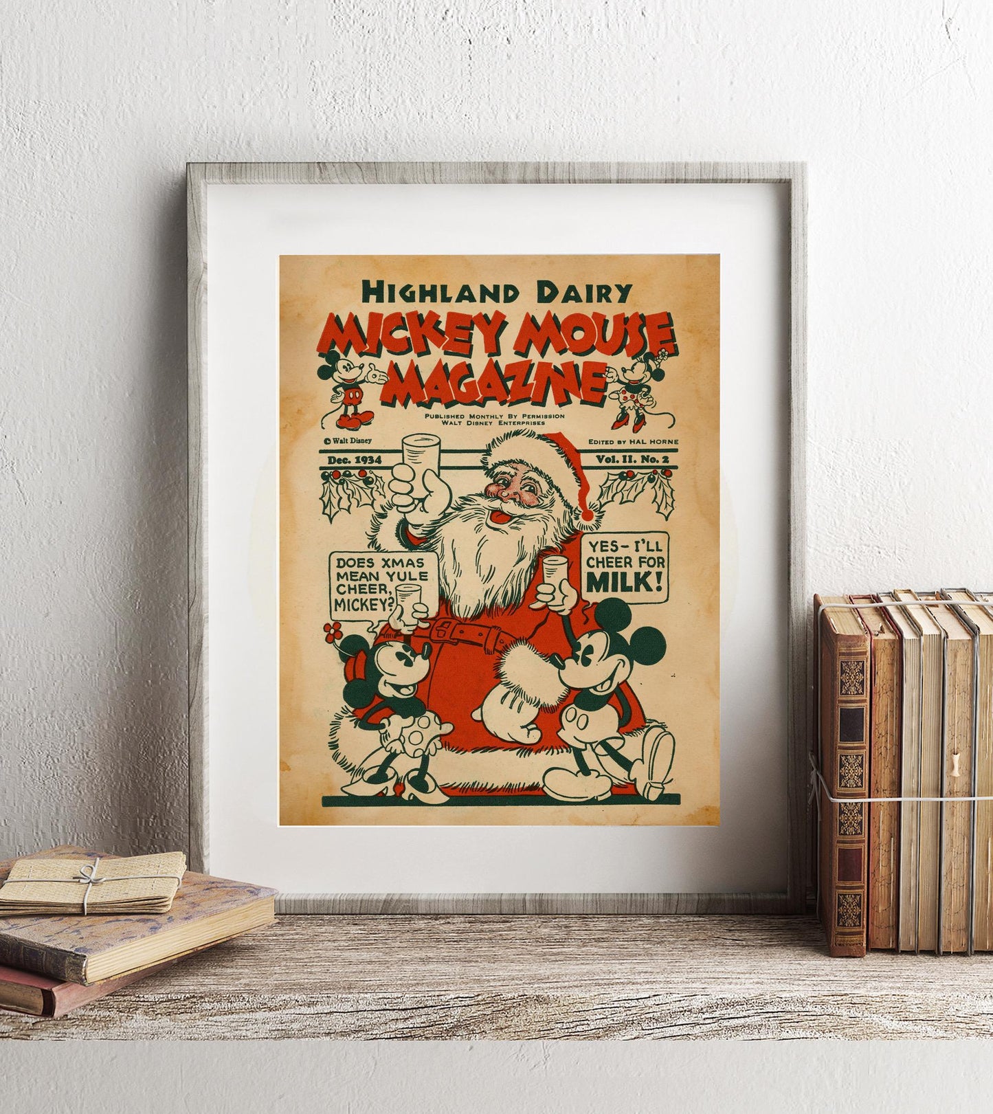 Mickey Mouse Magazine Mickey Minnie and Santa Christmas Vintage Art Print