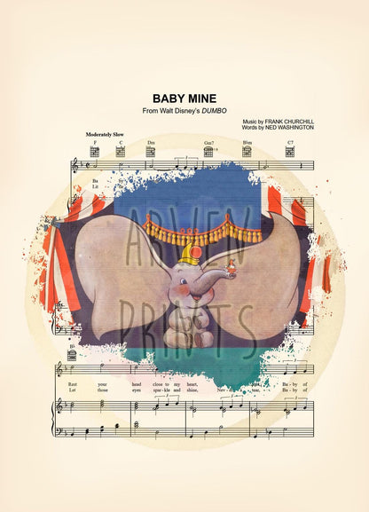 Dumbo with Timothy Q. Mouse Splatter Baby Mine Sheet Music Art Print