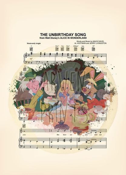 Alice in Wonderland Tea Party Splatter The Unbirthday Song Sheet Music Art Print