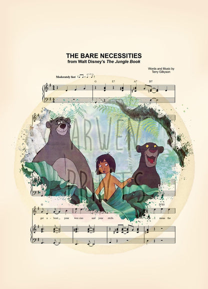 The Jungle Book Mowgli, Baloo and Bagheera The Bare Necessities Sheet Music Art Print
