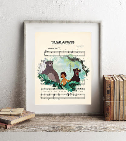 The Jungle Book Mowgli, Baloo and Bagheera The Bare Necessities Sheet Music Wall Art — Disney Gift for Music Lovers