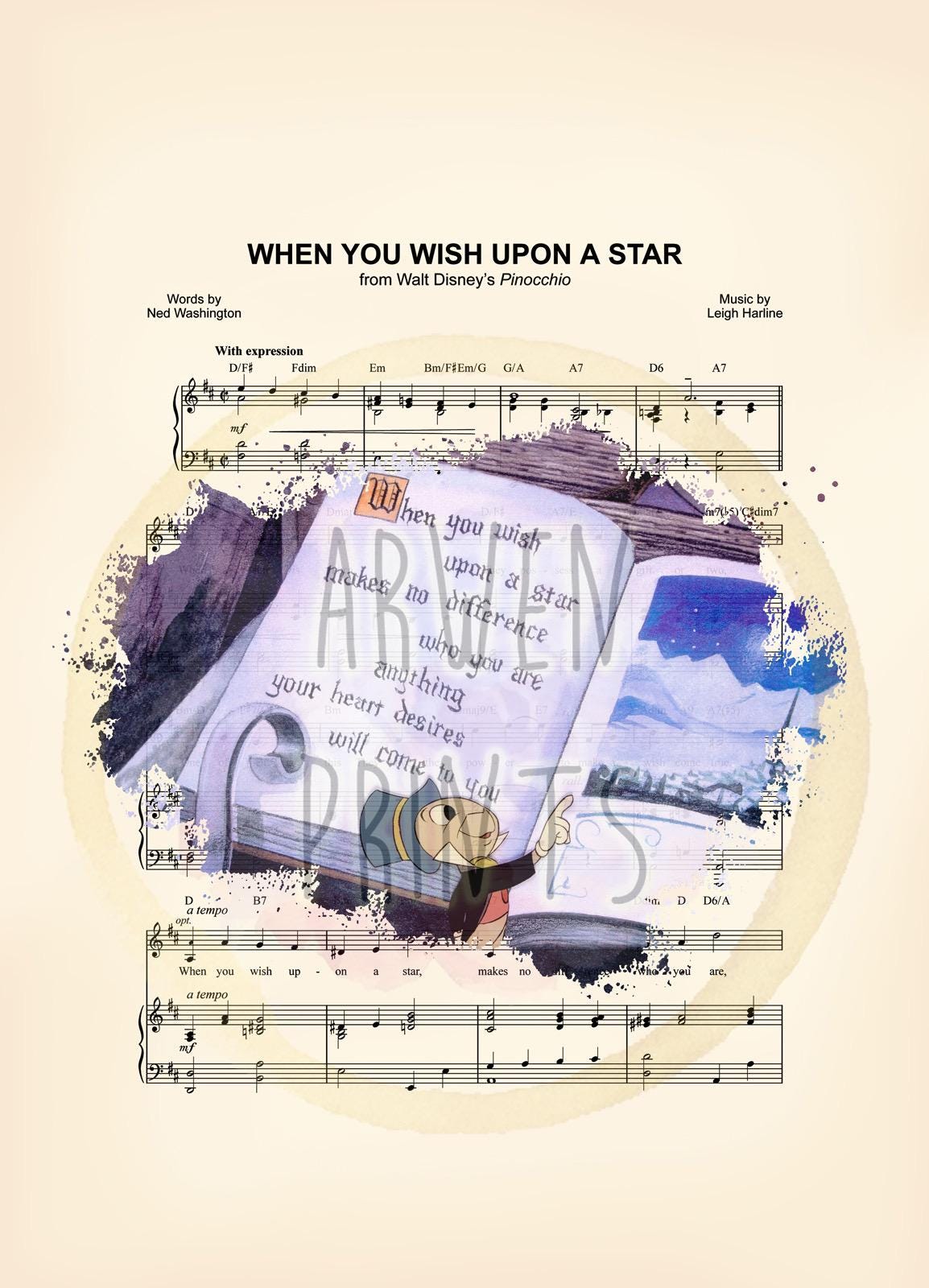 Pinocchio Jiminy Cricket Splatter When You Wish Upon A Star Sheet Music Art Print
