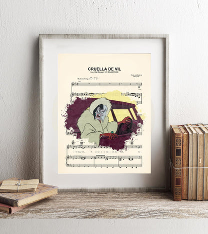 101 Dalmatians Cruella De Vil Driving Sheet Music Wall Art — Disney Gift for Music Lovers