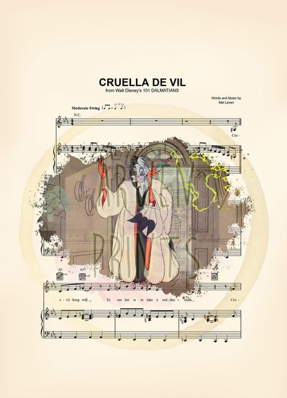101 Dalmatians Cruella De Vil Sheet Music Art Print