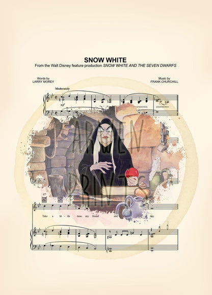 Snow White Evil Queen in Disguise with Red Apple Splatter Sheet Music Art Print