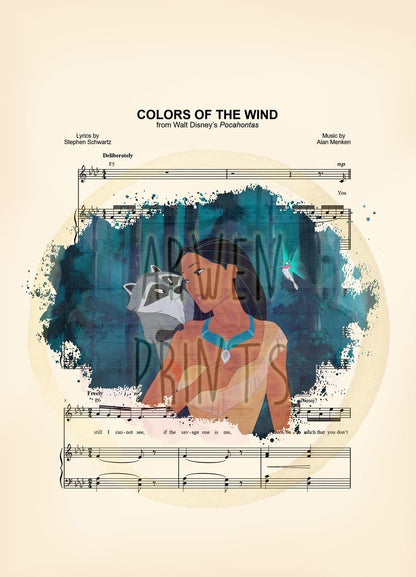 Pocahontas, Meeko and Flit Colors of the Wind Splatter Sheet Music Art Print