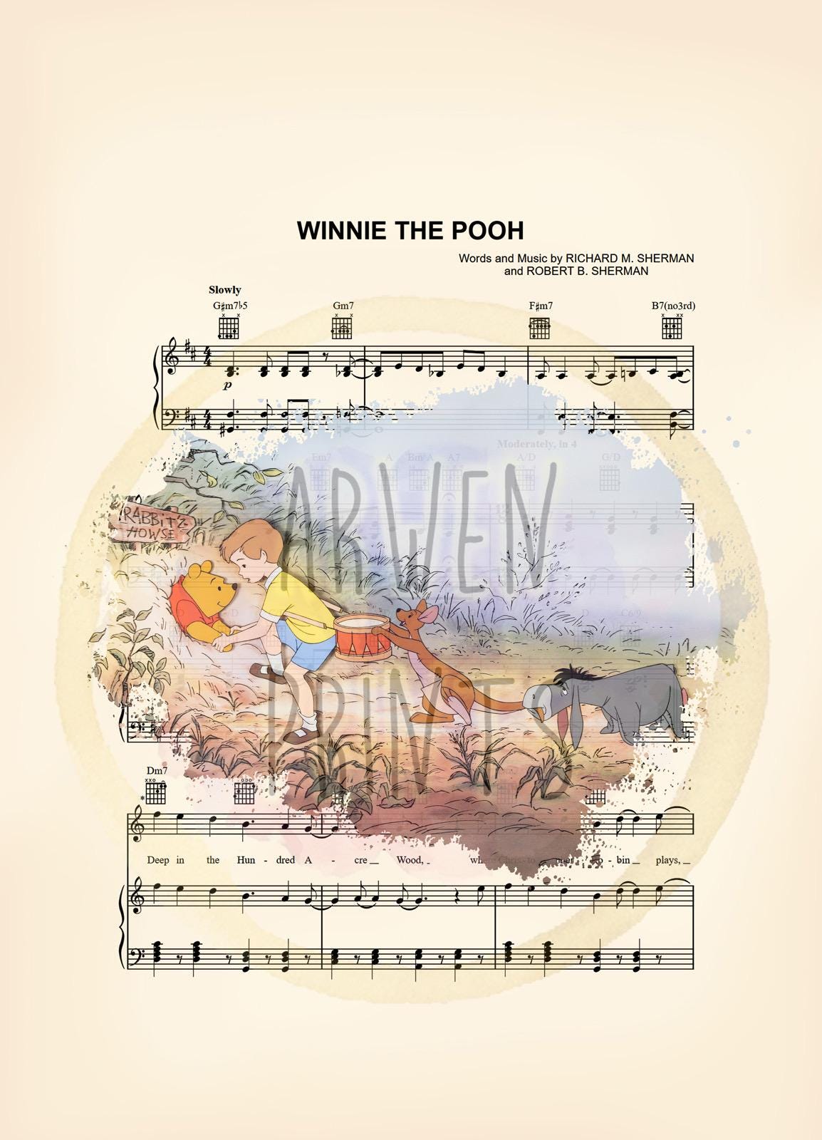 Winnie the Pooh Splatter Pooh, Christopher Robin, Kanga and Eeyore Sheet Music Art Print