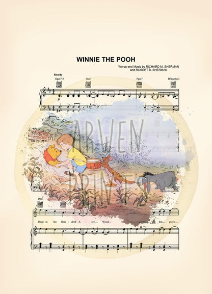 Winnie the Pooh  Pooh, Christopher Robin, Kanga and Eeyore Sheet Music Wall Art — Disney Gift for Music Lovers