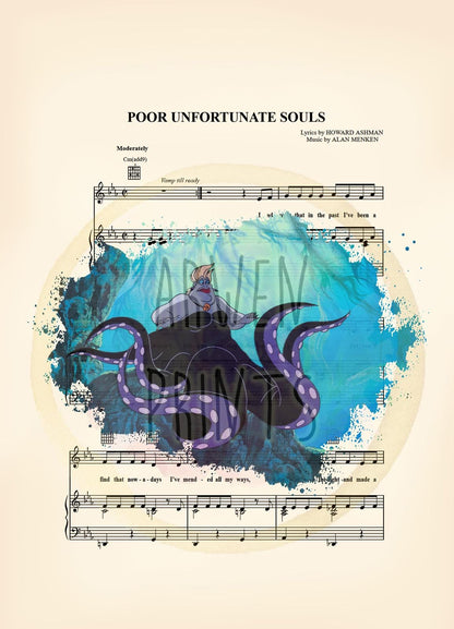 Little Mermaid Ursula Splatter Poor Unfortunate Souls Sheet Music Art Print